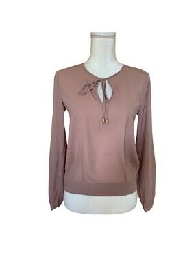 H&M Blouse Womens 2 Tan Keyhole Tie Neck Long Sleeve Crepe Workwear Office NWT